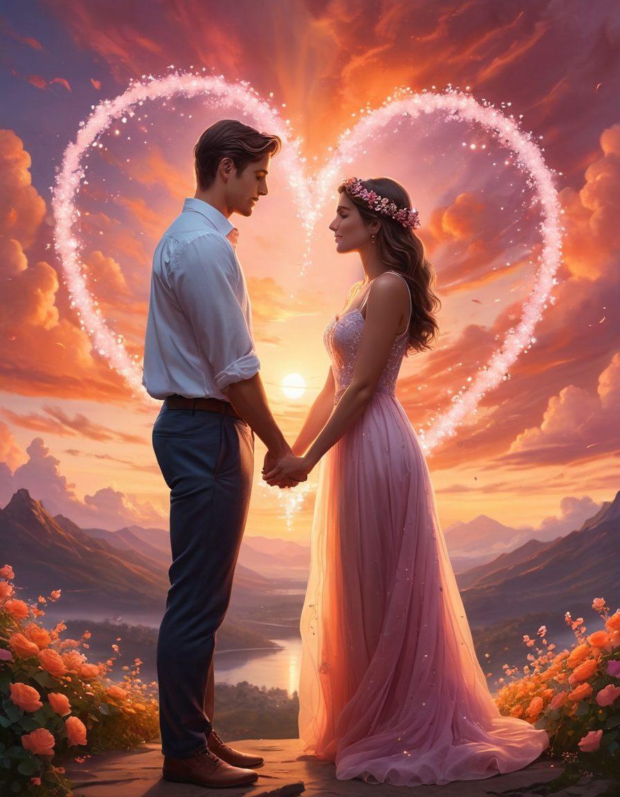 A couple holding hands, gazing into each other's eyes with glowing heart-shaped sparkles surrounding them, symbolizing deep emotional connection. In the background, a serene sunset casts warm hues, creating a romantic atmosphere with soft, flowing clouds. Subtle symbols of love, like intertwined vines and blooming flowers, enhance the scene. dreamy. vibrant colors. super-realistic.