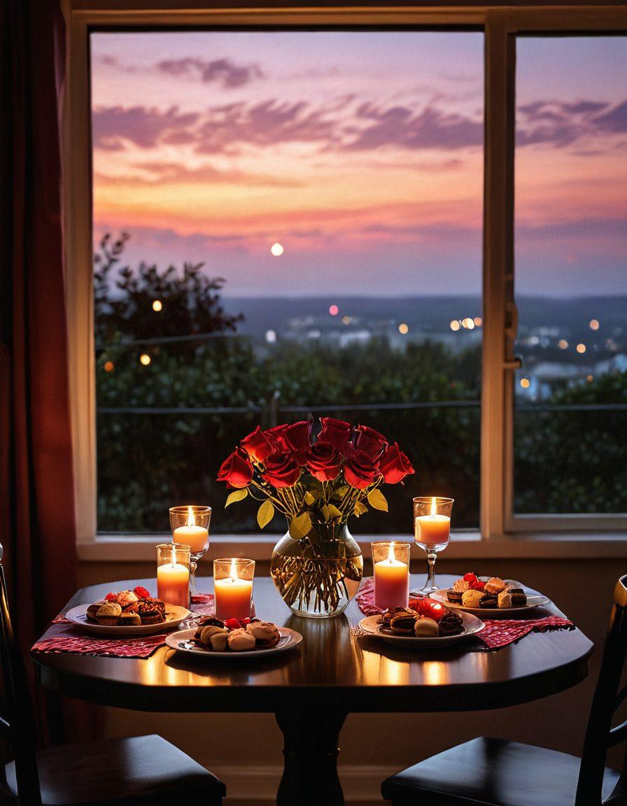 A cozy, candle-lit dinner table set for two, with a bottle of red wine, roses in a vase, and delicate heart-shaped cookies on elegant plates. Soft fairy lights twinkle above, creating a warm and inviting atmosphere. A romantic sunset can be seen through the window in the background, enhancing the magical ambiance. super-realistic. warm tones. soft focus.