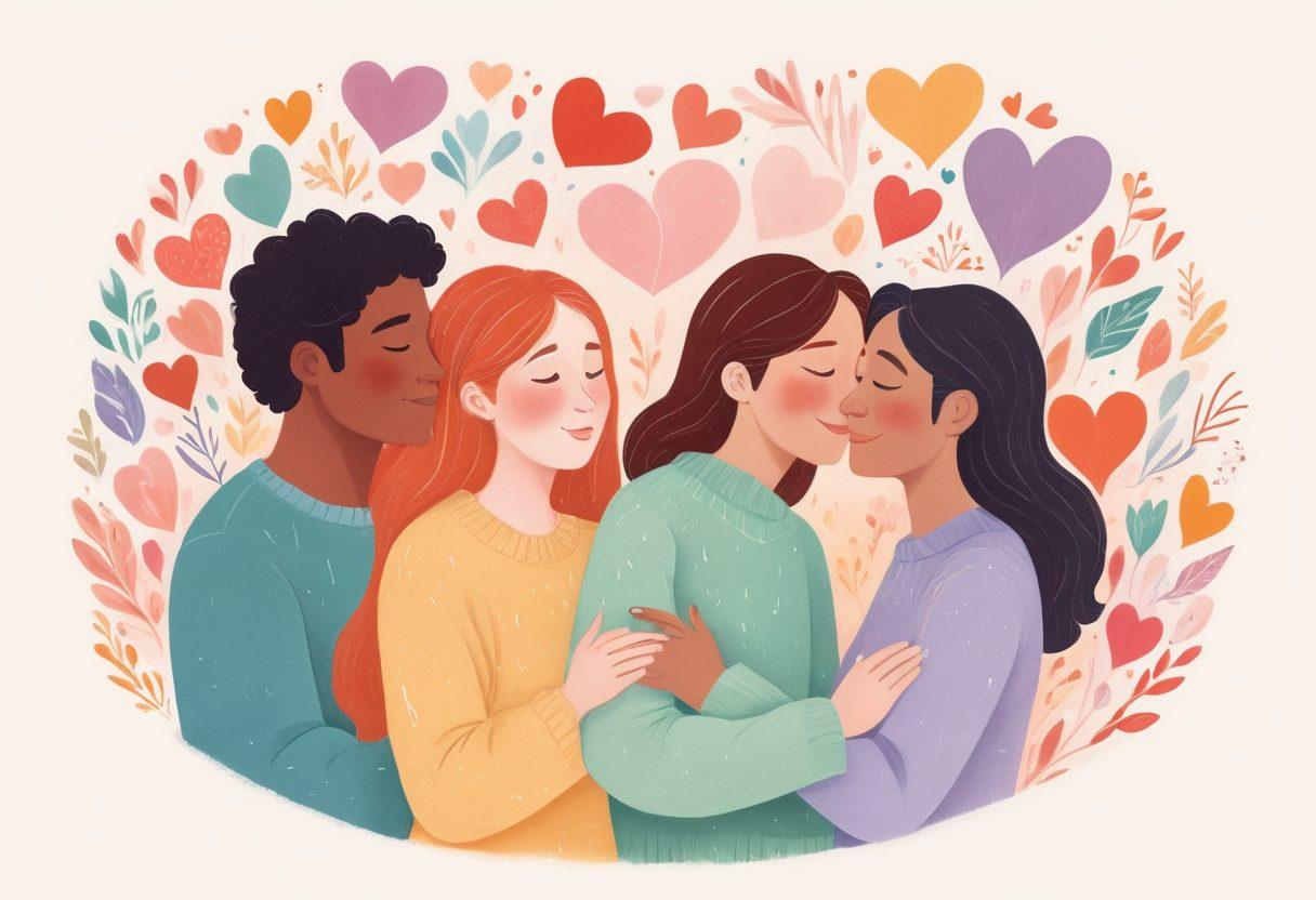 A warm and inviting illustration of diverse people engaging in acts of love, such as hugs, gift-giving, and quality time together. Each person representing a different love language, surrounded by colorful hearts symbolizing connection and emotions. The background includes soft, ethereal elements that evoke a sense of warmth and intimacy. pastel colors. gentle lighting.